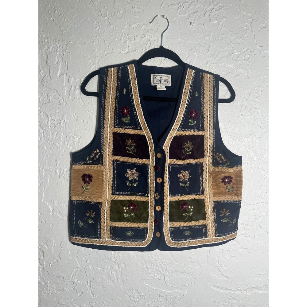TanTrums Vintage Patchwork Floral Embroidered Vest Navy Blue Corduroy Womens M